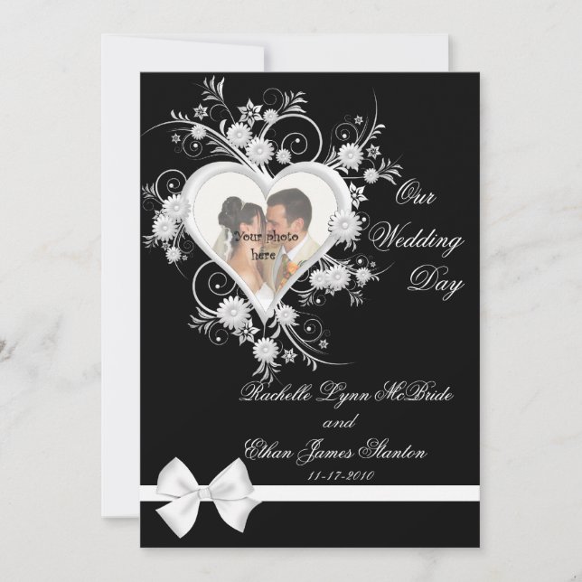 Black & White Heart Wedding Photo Invitations 5x7 (Front)
