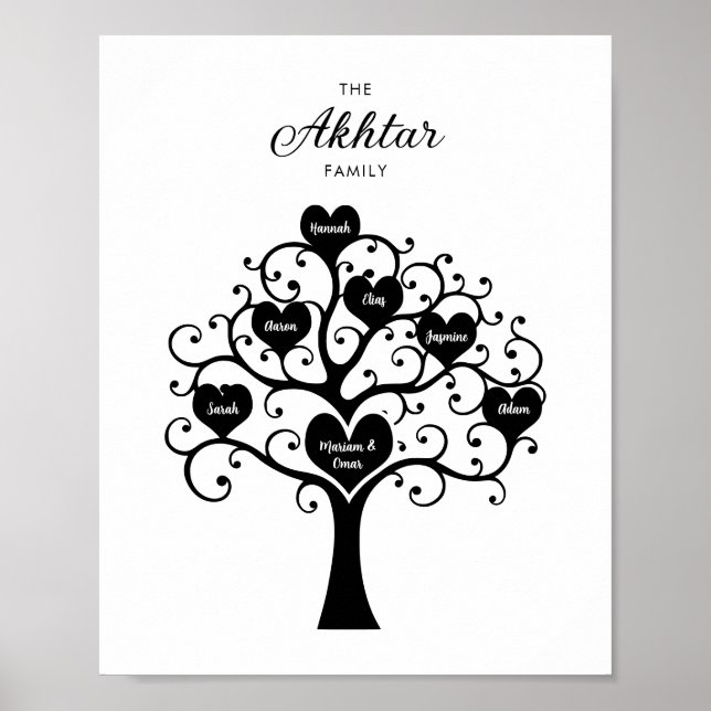 Black & White Hearts Family Tree Poster (Front)