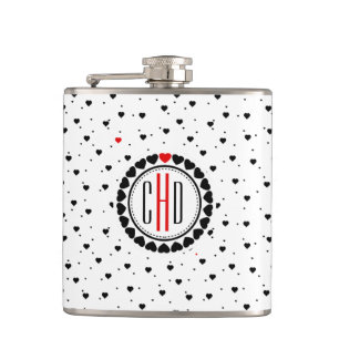 Black & White Hearts Pattern Red Accent Hip Flask