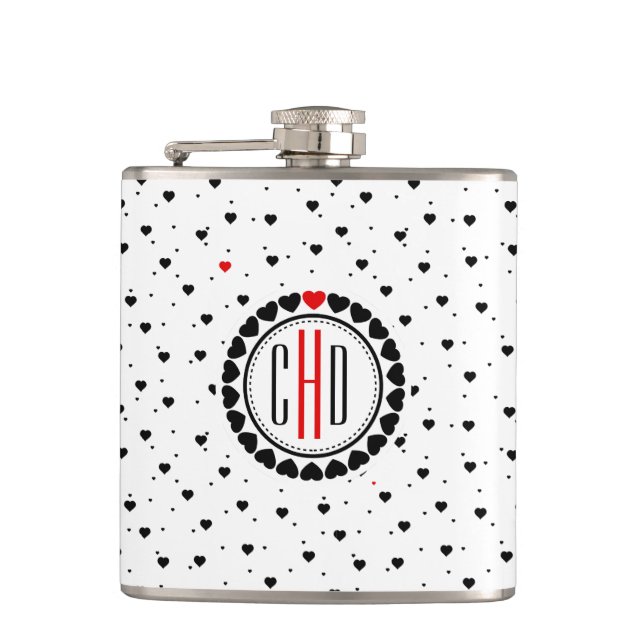 Black & White Hearts Pattern Red Accent Hip Flask (Front)