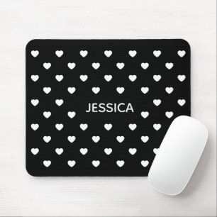 Black White Hearts Polka Dot Pattern Personalised Mouse Mat