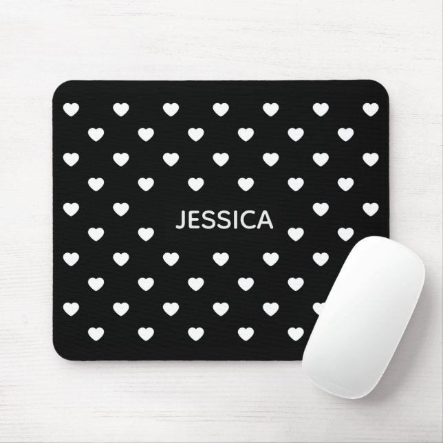 Black White Hearts Polka Dot Pattern Personalised Mouse Mat (With Mouse)