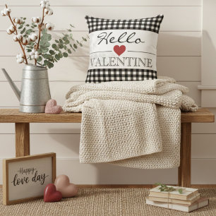 Black & White Hello Valentine Plaid Gingham Cushion