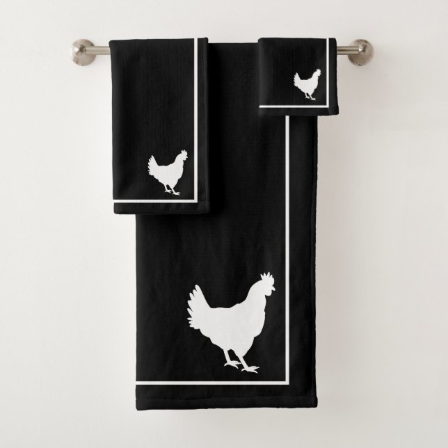 Black & White Hen Silhouette Farmhouse Bath Towel Set (Insitu)