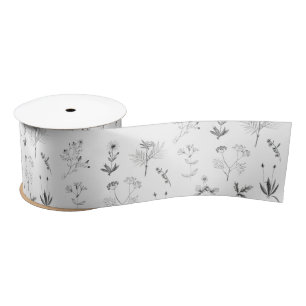 Black & White Herbs Botanical Wildflowers Pattern  Satin Ribbon