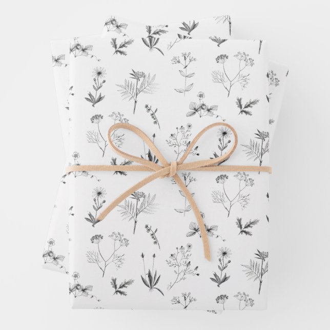Black & White Herbs Botanical Wildflowers Pattern  Wrapping Paper Sheet (In situ)