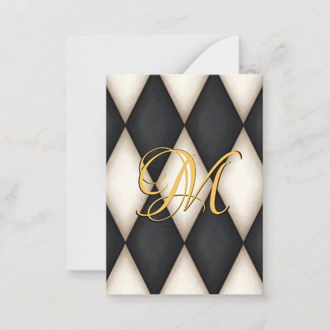Black & White Herlequin Faux Antique Monogrammed Card (Front)