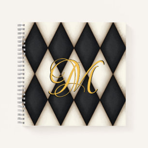Black & White Herlequin Faux Antique Monogrammed Notebook