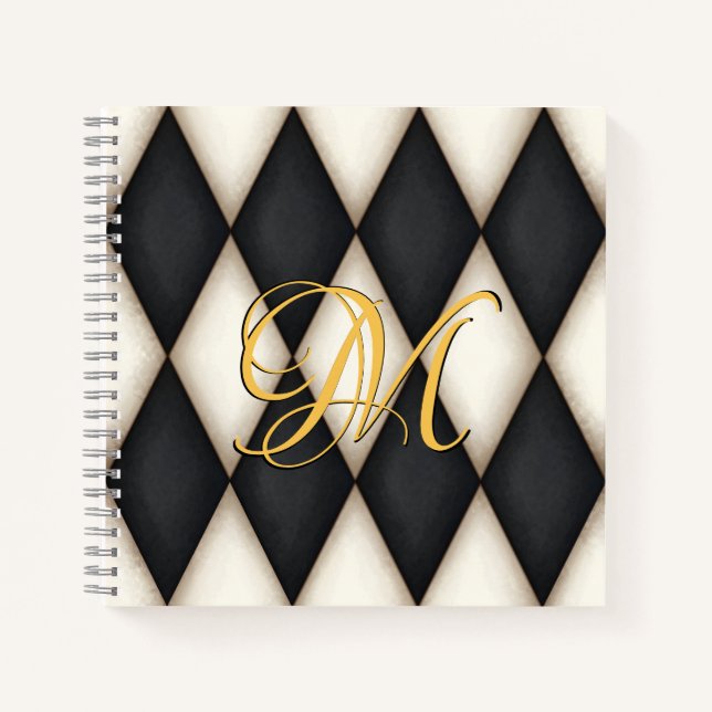 Black & White Herlequin Faux Antique Monogrammed  Notebook (Front)
