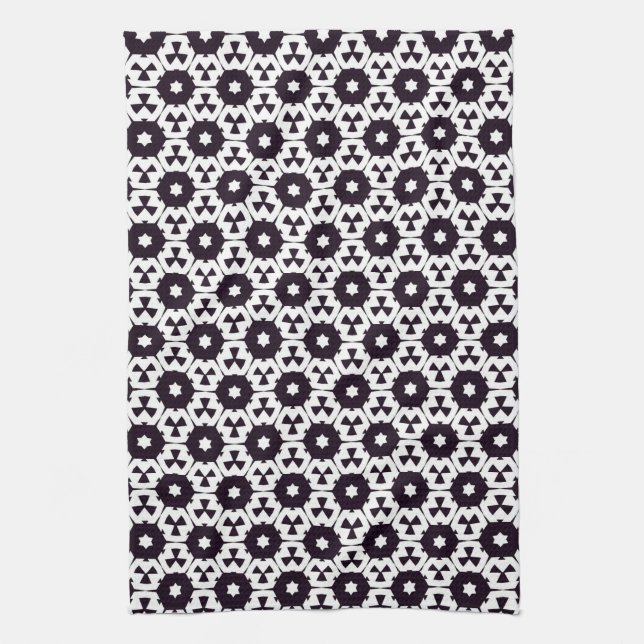 Black White Hexagon Star JustPatterns Fabric Tea Towel (Vertical)