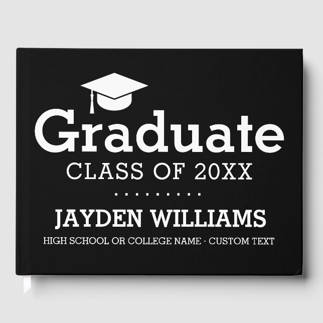  Black White High School College Graduation Custom Guest Book (Front)