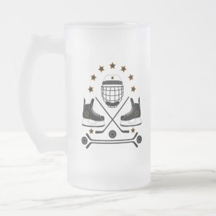 Black & White Hockey Sports Equipment Pattern Frosted Glass Beer Mug