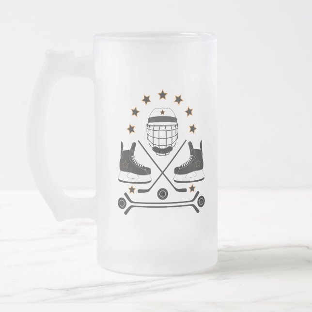 Black & White Hockey Sports Equipment Pattern Frosted Glass Beer Mug (Left)
