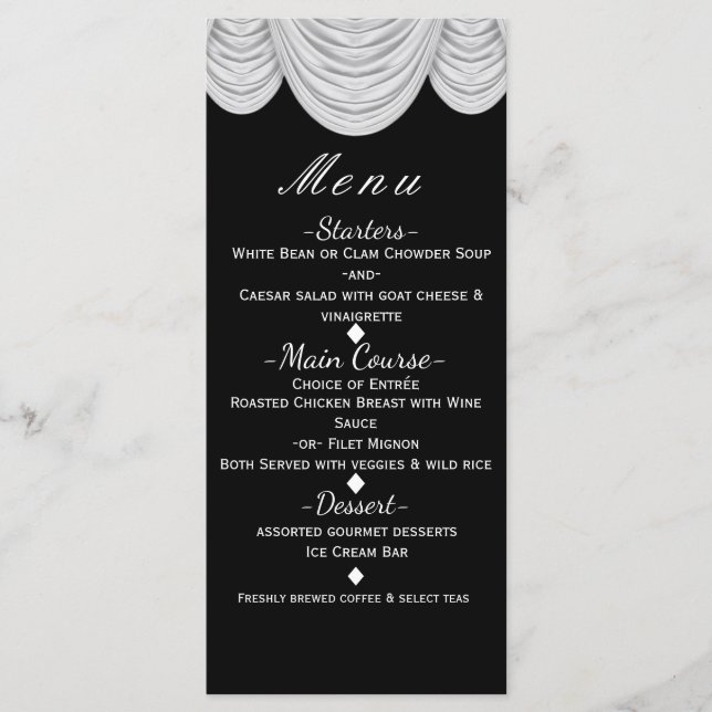Black & White HOLLYWOOD Curtains Elegant Menu (Front)
