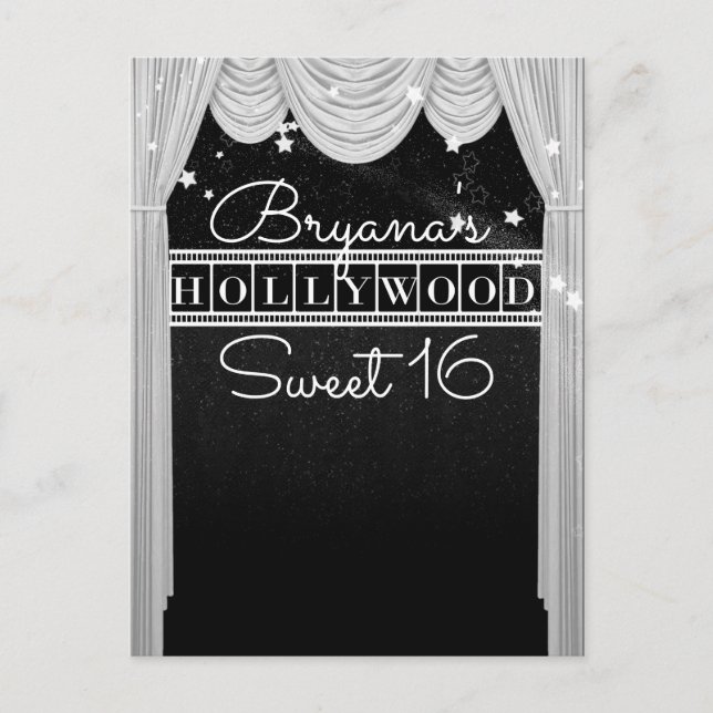 Black & White HOLLYWOOD Curtains Elegant Party Announcement Postcard (Front)