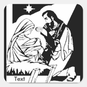 Black/White Holy Family Christmas Manger Scene Square Sticker