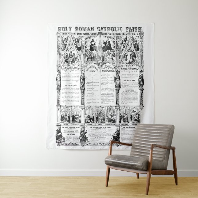 Black/White Holy Roman Catholic Faith Infographic Tapestry (In Situ)