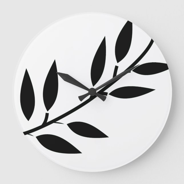 Black White Home Decor Simple Minimal Leaf Pattern Large Clock (Front)