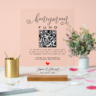 Black White Honeymoon Fund Qr Code Minimal Modern Acrylic Sign