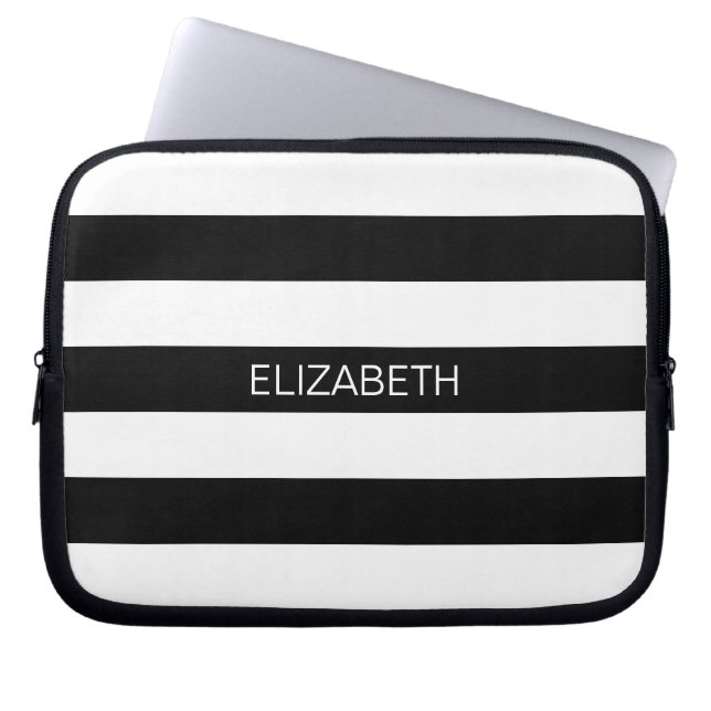 Black White Horiz Preppy Stripe #2 Name Monogram Laptop Sleeve (Front)