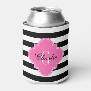 Black White Horiz Stripe HP Name Init Monogram Can Cooler