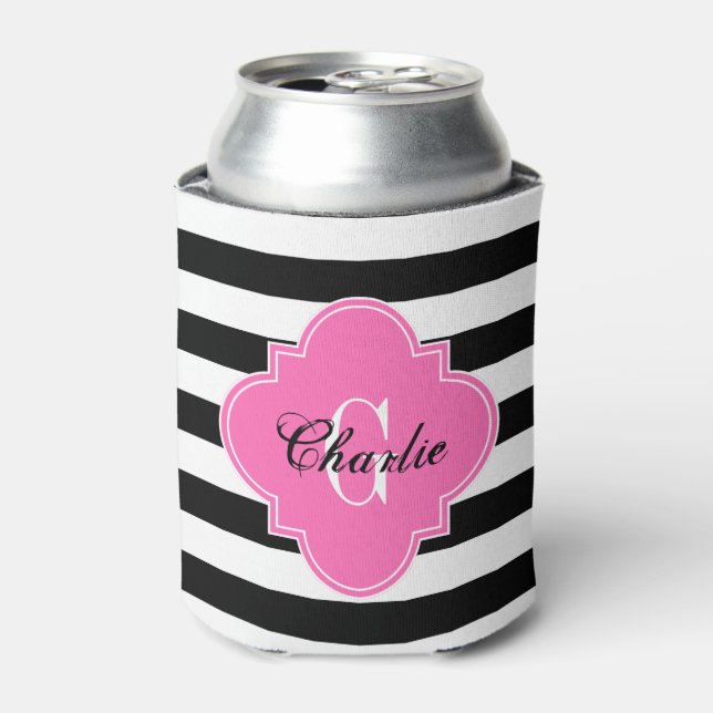 Black White Horiz Stripe HP Name Init Monogram Can Cooler (Can Front)