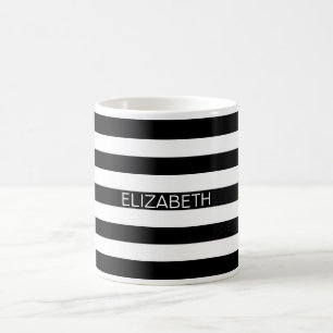 Black White Horizontal Preppy Stripe Name Monogram Coffee Mug