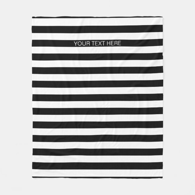 Black White Horizontal Preppy Stripe Name Monogram Fleece Blanket (Front)
