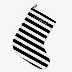 Black White Horizontal Preppy Stripe Name Monogram Large Christmas Stocking