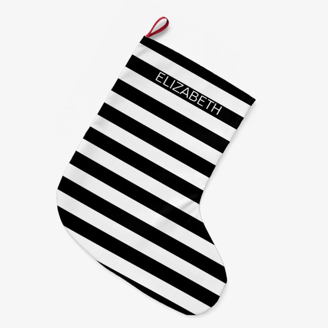 Black White Horizontal Preppy Stripe Name Monogram Large Christmas Stocking (Front (Hanging))