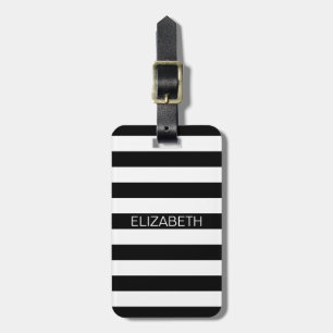 Black White Horizontal Preppy Stripe Name Monogram Luggage Tag