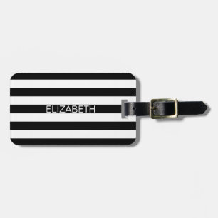 Black White Horizontal Preppy Stripe Name Monogram Luggage Tag