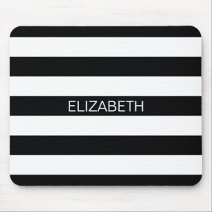 Black White Horizontal Preppy Stripe Name Monogram Mouse Mat