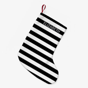 Black White Horizontal Preppy Stripe Name Monogram Small Christmas Stocking