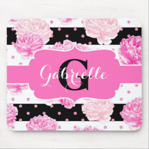 Black & White Horizontal Stripes Floral Monogram Mouse Mat
