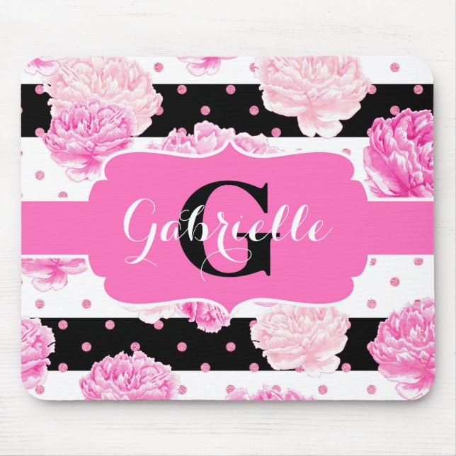 Black & White Horizontal Stripes Floral Monogram Mouse Mat (Front)