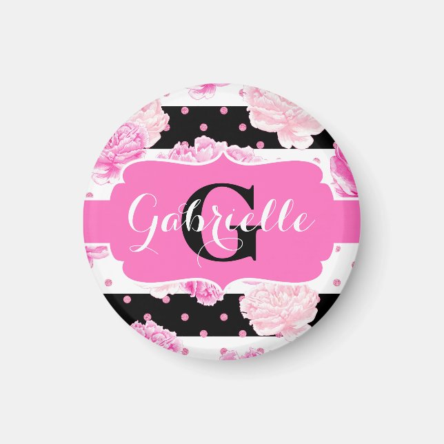 Black & White Horizontal Stripes Watercolor Floral Magnet (Front)