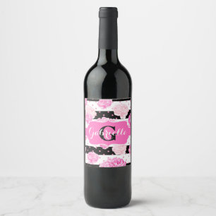 Black & White Horizontal Stripes Watercolor Floral Wine Label