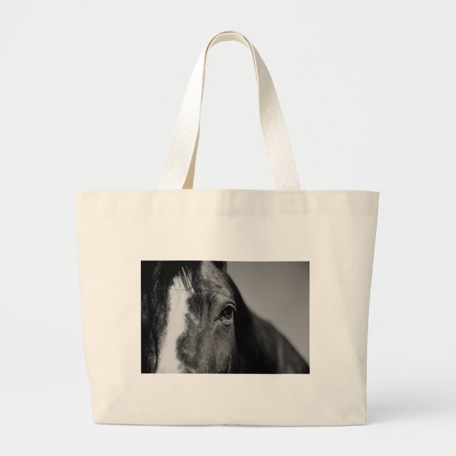 Black White Horse Eye Artwork Large Tote Bag (Front)