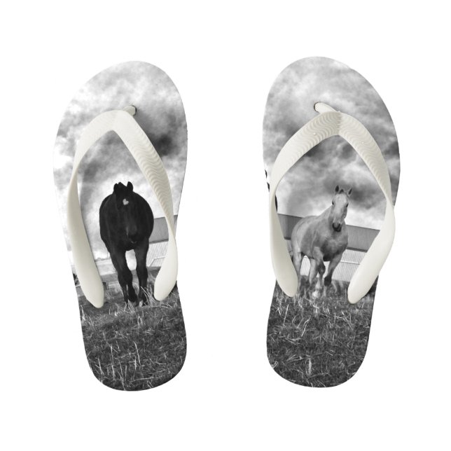 Black White Horse Photography, Kid's Flip Flops (Footbed)