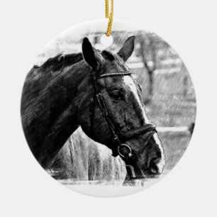 Black White Horse Sketch Ceramic Tree Decoration