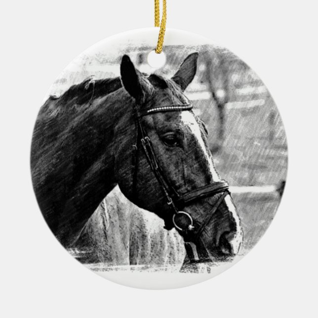 Black White Horse Sketch Ceramic Tree Decoration (Front)