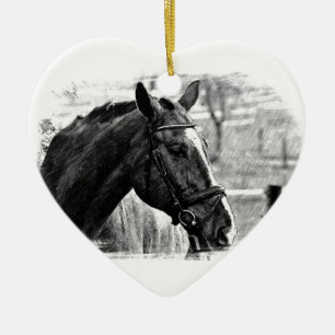 Black White Horse Sketch Ceramic Tree Decoration