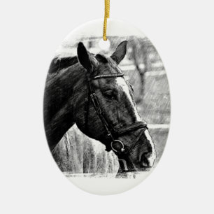 Black White Horse Sketch Ceramic Tree Decoration