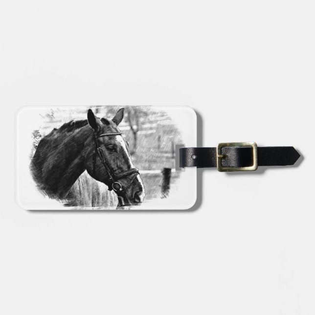 Black White Horse Sketch Luggage Tag (Front Horizontal)