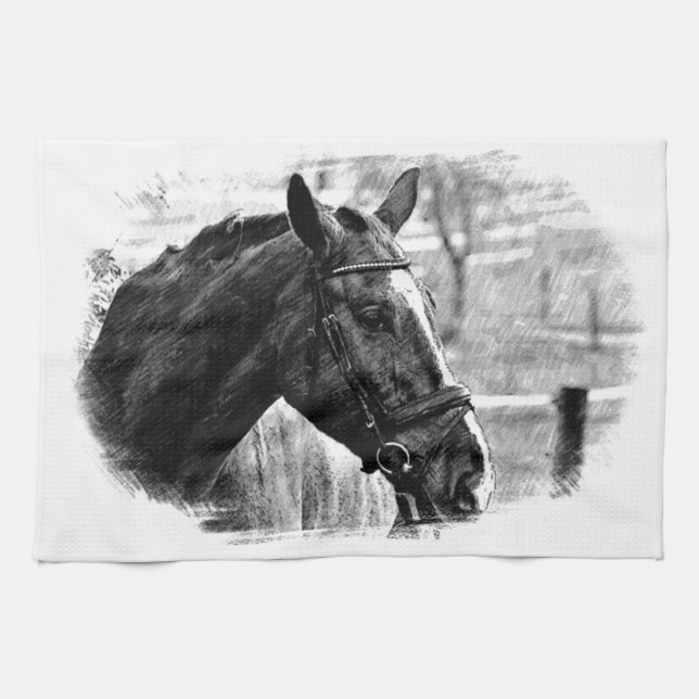 Black White Horse Sketch Tea Towel (Horizontal)