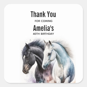 Black & White Horses in Watercolor Birthday Square Sticker