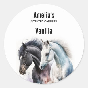 Black & White Horses in Watercolor Candle Business Classic Round Sticker