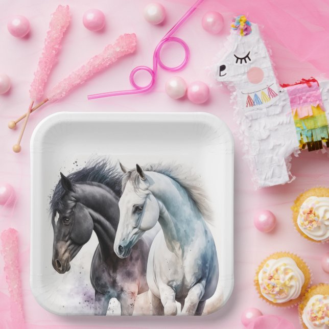 Black & White Horses in Watercolor Paper Plate (Party)