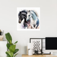 Black & White Horses in Watercolor